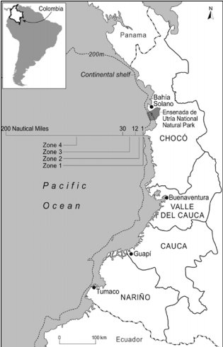 Mapa de la costa Pacífica de Colombia con los departamentos costeros,
principales puertos marítimos y la isobata de 200 m. Un punto costero ilustra
la extensión de las cuatro principales zonas de explotación pesquera.