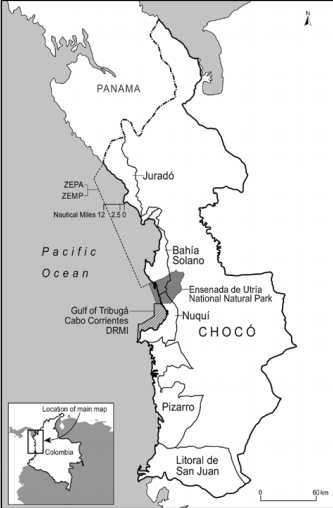 Mapa de los municipios costeros y áreas protegidas a lo largo de la
costa del Pacífico del departamento de Chocó.
