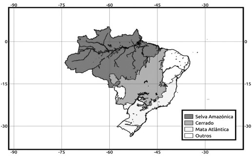 Mapa de Brasil representando los 3 biomas estudiados