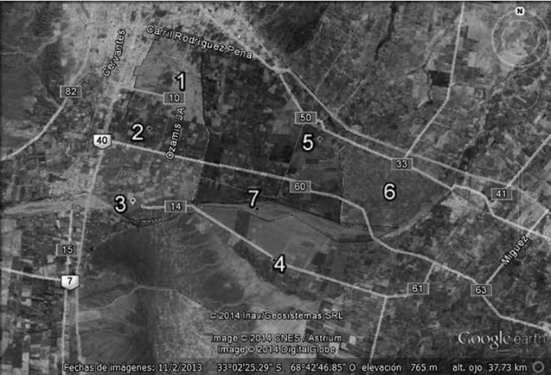 Foto satelital y unidades de paisaje seleccionadas del
departamento de Maipú de la provincia de Mendoza Argentina.